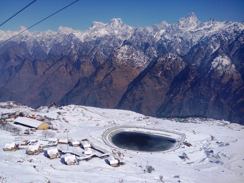 Auli view from ropeway artificial lake and eco huts view